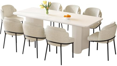 Guyii Essgruppe 9-teilig Creme Weiß, Esstisch mit 8 Bouclé Polsterstühlen, Skandinavisch Modern, Rechteckiger Küchentisch, Design Möbel Set für Esszimmer (200cm (1 Tisch und 8 Stühle))
