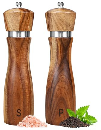 Salz und Pfeffermühle Holz 2er Set, Manuelle Pfeffer und Salzmühle aus Akazienholz, Gewürzmühle mit verstellbarem Keramikmahlwerk für Pfeffer Salz Gewürze Höhe 20,3 cm