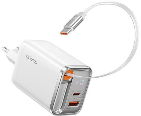 toocki USB C Ladegerät 67W 3‑Port GaN mit einziehbarem Kabel, LED-Anzeige | kompaktes PD PPS Schnellladegerät,Laptop Netzteil USB C für MacBook Air/Neo, iPhone 17-8 Serien,iPad, Galaxy S26 Ultra (weiß)