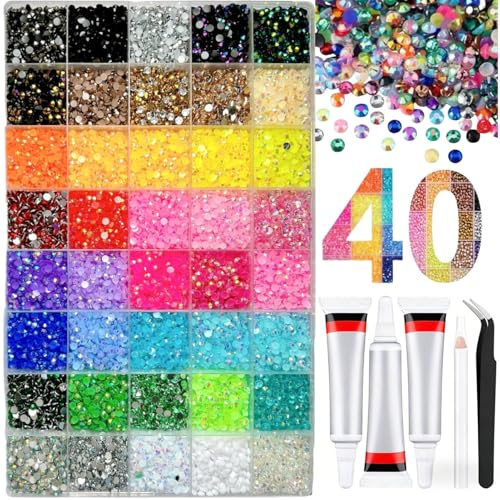 Strass en Résine Kit, Strass Bedazzling Peut DIY avec Pince à épiler et Colles, Strasse Multicolores Créer des Bijoux Eblouissants, Strasse A Coller pour Bricolage, Artisanat, Ongles (40 couleurs)