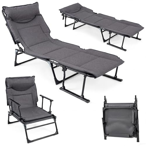 Giantex Tumbona Plegable, Tumbona Jardín Exterior con Respaldo Ajustable en 6 Posiciones y Reposacabezas, Hamaca Plegable Acolchada de Metal para Interior y Exterior, Carga 170kg