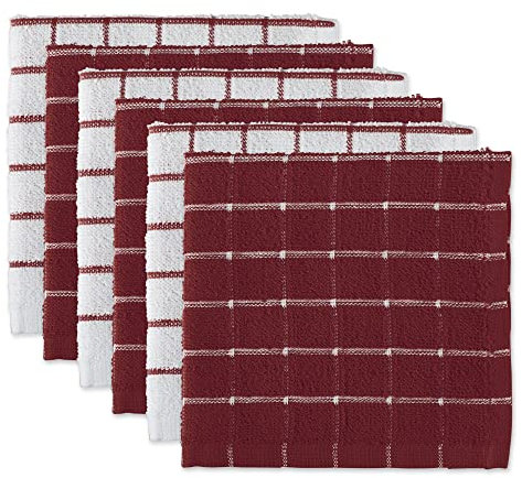 DII Strofinacci da cucina in spugna 100% cotone, lavabili in lavatrice, ultra assorbenti, per tutti i giorni, 30,5 x 30,5 cm, motivo a pannelli, set da 6 pezzi, colore: vino