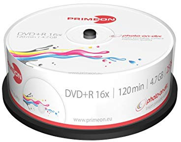 Primeon Dvd+R 4,7 GB/120 min/16 x Cakebox Photo-on-Disc, Inkjet Full Size Printable Surface (25 Dischi)