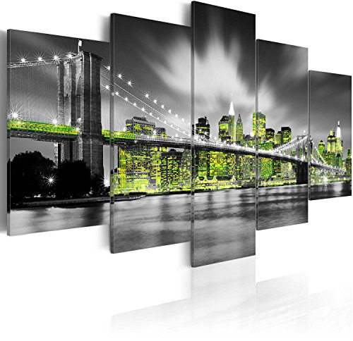 B&D XXL - Wandbilder XXL Skyline Manhattan 200x100cm 5 tlg - Wand Deko Leinwand Bilder Groß Wanddeko Wohnzimmer Schlafzimmer Kunstdrucke - New York City in der Nacht Panorama
