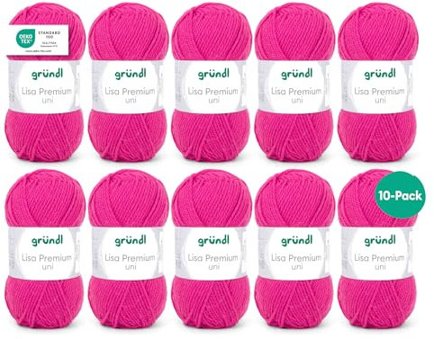 Gründl Wolle Lisa Premium uni - 10 x 50 g - Wolle zum Häkeln - Wolle zum Stricken - 100 % Polyacryl- Weich & Pflegeleicht- Nadelstärke 3,5-4,5 - Rosa 44