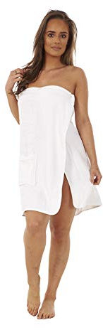 Ladies Towel Wrap 100% Cotton Highly Absorbent Terry Soft Sarong Towel Shower Spa Sauna Beach Gym Towelling Robe Cover-Up (White, M/L)