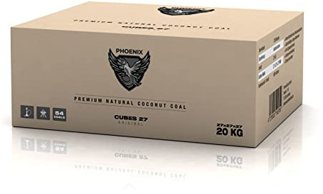 PhoenixCoal 27 briquetas de carbón natural de coco y carbón de cachimba, para cachimba y parrilla, insípida, inodoro, larga duración, bajo contenido de cenizas (20 kg)
