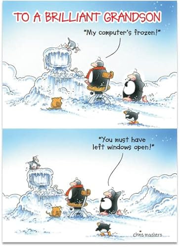 Humorvolle Weihnachtskarte für Enkelsohn aus der Eric the Penguin Reihe, Hotmail, Frozen Computer – für ihn