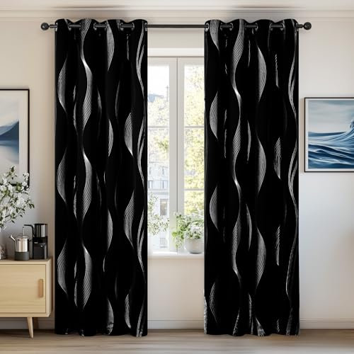 Deconovo Blickdicht Gardinen mit Ösen, Wärmeisoliert Vorhänge, Verdunkelungsvorhänge für Wohnzimmer, 214x132 cm(HöhexBreite), Schwarz, 2er Set