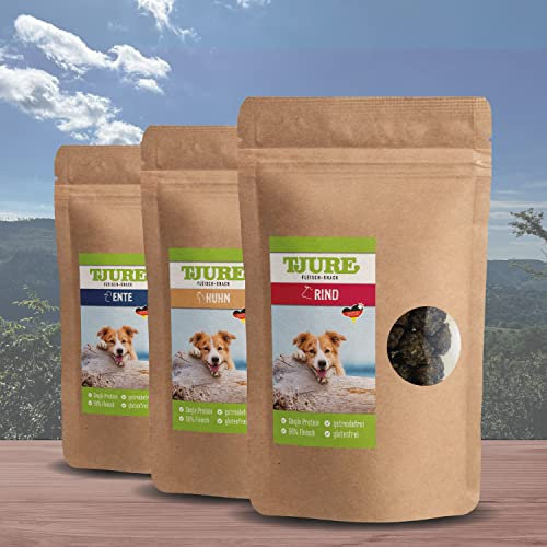 TJURE Hundesnack Box Standard | 3 x 150g | Trainingsleckerli Hunde mit 95% Fleisch | Getreidefreie Hundesnacks in 3 Sorten | Luftgetrocknete Leckerlis ohne Zusatzstoffe | Natürliche Proteinquelle