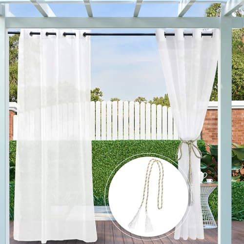 Clothink 2er Set Outdoor Vorhang Wetterfest Mit Ösen Transparent Sonnenschutz Winddicht Rostfrei mit Ösen für Terrasse Garten Balkon Familienhaushalte einfache Montage farbecht haltbar(132x215cm,Weiß)