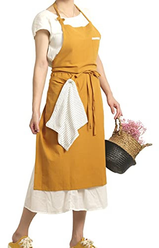 Pincy Weiche Schürze aus Baumwollleinen – Retro-Leinen-Kunstschürze, verstellbare lässige Schürze mit Handtuch, ideal für Floristen, Kaffeehaus und Küche (Ingwer)