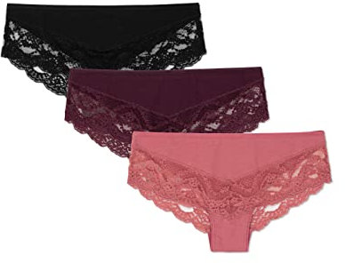 Snocks 3er Pack Hipster Lace - Damen Baumwolle Panties mit Spitze - Unterhose Damen Slip - Gr. XS - Farbe Mix (Mauve/Wine/Schwarz)