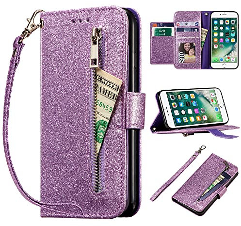 EYZUTAK Wallet Case for iPhone SE(5G) 2022 iPhone 7 iPhone 8 iPhone SE 2020, 5 Card Slots Glitter Bling PU Leather Magnetic Closure Kickstand Zipper Purse Pocket Handbag with Wrist Strap - Purple#1