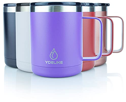 Yoelike Insulated Coffee Mug with Handle, 410ml/14oz Double Wall Vacuum Stainless Steel Travel Coffee Mug Spill Proof, Powder Coated Camping Mug for Office Outdoor Hot Cold Drinks Purple