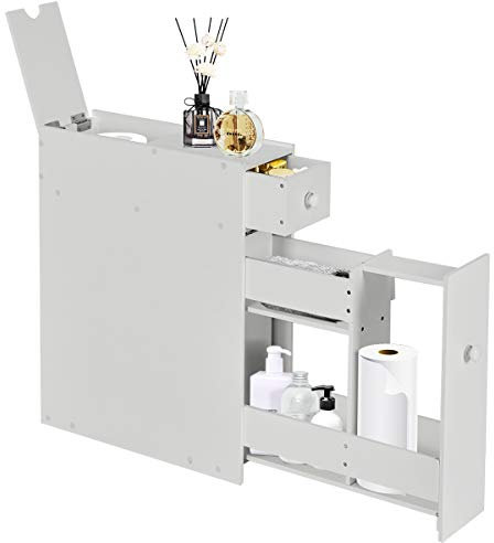 Multigot Bathroom Slim Floor Cabinet, Wooden Toilet Paper Organizer Unit with Drawers, Narrow Free Standing Cupboard (White)