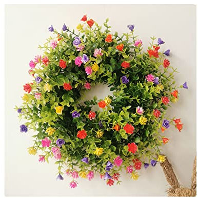 Super Idee Künstliche Türkranz Deko Schleierkraut Frühling in rosa violett gelb und grün Wandkranz Reisigkranz zum Aufhängen oder Hinlegen für Hochzeit Geburtstag Kamin Wanddekoration (30 cm)