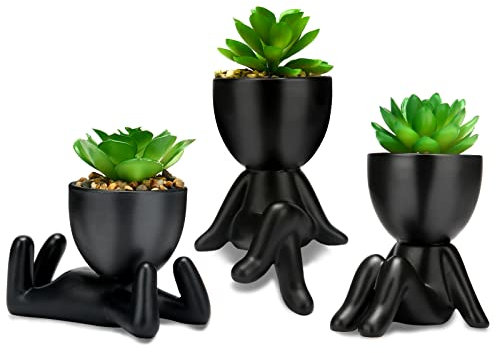 QIUKUN Fake Mini Succulents Plants Artificial in Black Modern Human Shaped Ceramic Pots Cute Desk Decor Desk Plant for Office Decor for Women Cute Fake Plants Bathroom Decor (3PCS)