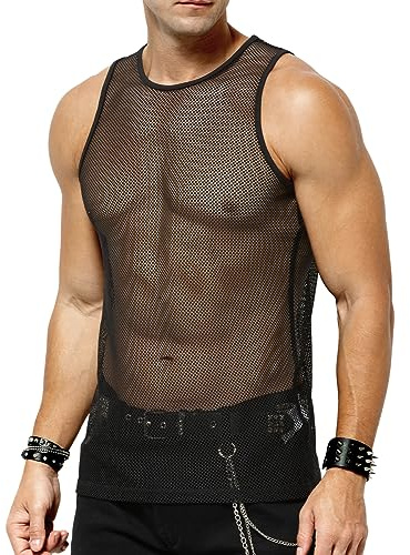 Casey Kevin Herren Netz Tank Tops Muskel Transparent Shirts Netzhemd Rundkragen Netzshirt für Männer ärmellos Clubwear, XXL