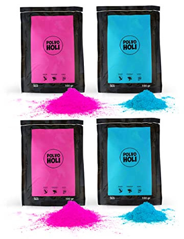 POLVO HOLI – Babyparty-Paket, 4 Beutel à 100 g – verrät das Geschlecht des Babys. (blau und rosa)
