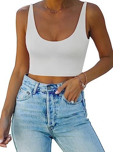 REORIA Damen Sexy Top mit tiefem U-Ausschnitt doppelt gefüttert nahtlos ärmellos kurzes Cami Tanktop Yoga Crop Tops Weiß S