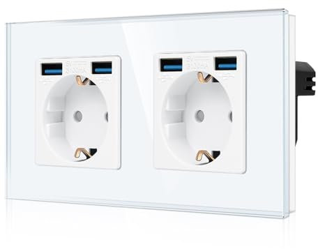 CNBINGO Enchufe doble con 4 puertos USB (2 tipos A total máx. 2,1 Amp), doble enchufe Schuko de cristal empotrado, color blanco, enchufe de pared con protección para niños
