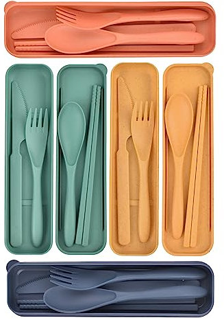 4 Juegos Cubiertos Camping - Cuchillos, Tenedores, Cucharas y Palillos, Reutilizable Porta Cubiertos para Llevar Al Trabajo, Acampada, Viajar, Cubiertos para Llevar (4 Color)