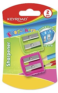 KEYROAD Ergonomischer Doppel-Anspitzer / 2 Stück/aus Kunststoff/Klingen aus Stahl/von Bleistiften und Buntstiften/Blister - Mischfarben/Für Kindergarten Vorschule und Schule