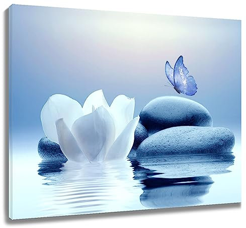 EOBTAIN Zen Water Lily Canvas Wall Art White Floral and Blue Butterfly on Stone Bedroom Wall Decor Modern Spiritual Yoga Spa Painting Picture Artwork Bathroom Decor 20x16 Inches