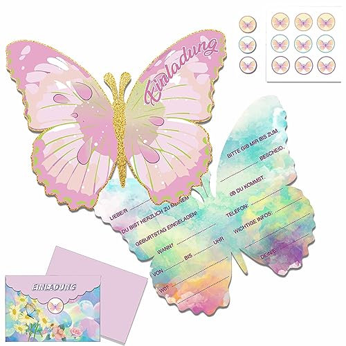 PEFOLOC 12er Set Einladung Kindergeburtstag Mädchen,Geburtstag Einladungskarten Mädchen mit Umschlägen und Aufkleber,Einladungskarten Geburtstag Schmetterling,Schmetterling Deko Geburtstag