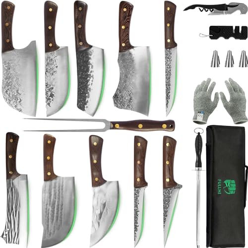FULLHI Set di 17 coltelli portatili da macellaio con carne, forchetta da cucina, con custodia, in acciaio al carbonio, per cucina, campeggio, barbecue (17 pezzi), DE-JCM17CHA
