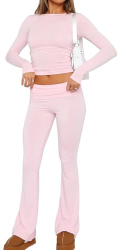 Azazaza Damen Skims Dupe Slim Fit 2 Stück Set Langarm Crop Top und Low Rise Flare Pants Yoga Trainingsanzug Lounge Set