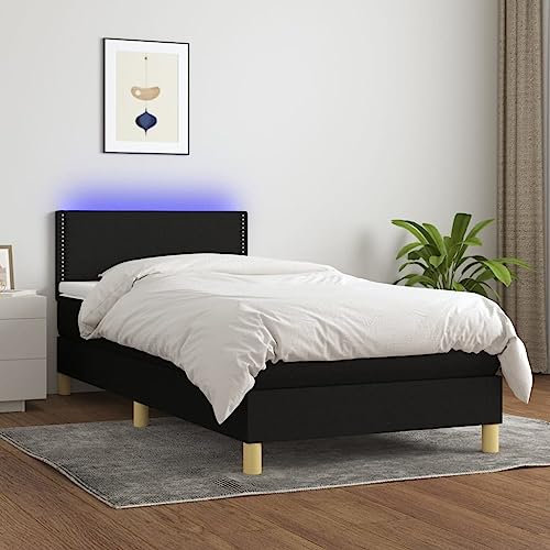 Homgoday Boxspringbett Bettgestell mit Matratze Kopfteil & LED Polsterbett Doppelbett Einzelbett Bettrahmen Rahmenbettgestell Bett für Schlafzimmer Schwarz 90x200 cm Stoff