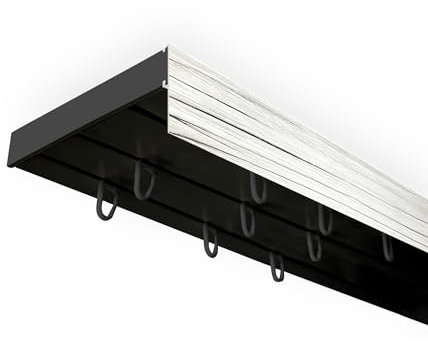SN Deco - Vorhangschiene SH Set 3-läufig schwarz 120cm, Gardinenschiene, vorgebohrt, m. Blende Weiß-Esche 7.5cm, Komplettes Zubehör und Röllchen