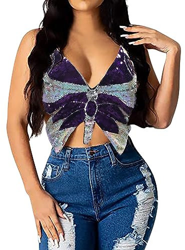 LOIJMK Top da donna con paillettes e paillettes, per donna, sexy e ragazza, top da donna, Lilla, L