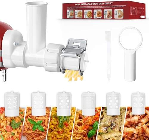 KRISVI 6 in 1 Pasta Attachment for Kitchenaid Stand Mixer, Durable Pasta Maker Attachment for Easy Homemade Fresh Noodles with 6 Different Shapes Pasta Outlet & Cleaning Brush, Dishwasher Safe
