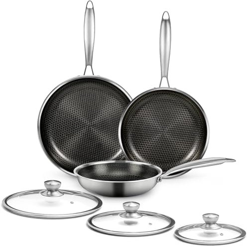 6 Pieces Stainless Steel Frying Pan Set with Lids, Honeycomb Nonstick Frying Pan Set 3 Pcs,Induction Skillet Set Egg Omelette Frying Pan Set W/Lid, Induction Compatible, PFOA Free