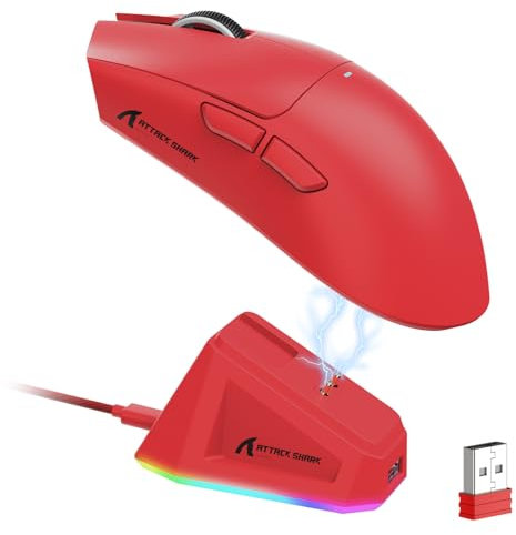 LexonElec ATTACK SHARK X11 Wireless Gaming Mouse with RGB Magnetic Charging Dock, PixArt PAW3311 Sensor, Lightweight 59g Tri-Mode Gaming Mouse, Wired/2.4G/BT, Up to 22K DPI for PC/Mac-Red