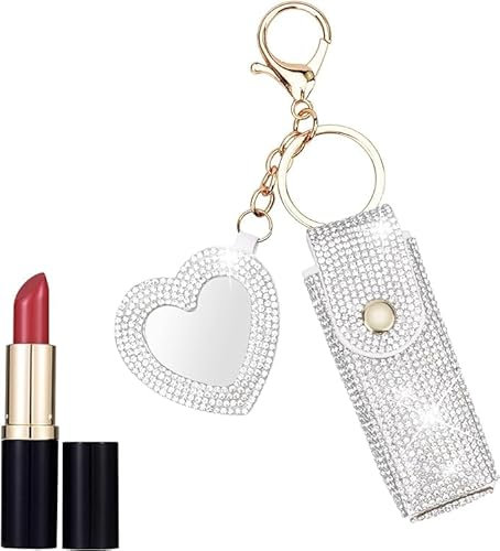Porta rossetto con specchio in pelle diamantata per lucidalabbra, portachiavi, portatile, per donne e ragazze, da viaggio, per lucidalabbra, monete, portamonete (bianco), bianco, Classico