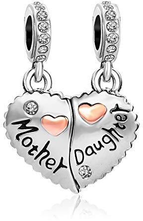 LSxAB Mother Daughter Charms Rose Gold 2 Pcs Matching Heart Love Mothers Day Charm Beads Compatible with Pandora Bracelets