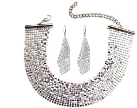 Faruodis Pailletten Halskette Ohrringe Set breite Metall Mesh Choker Halskette Punk glänzende Pailletten Kragen Halskette Kette Schmuck für Frauen Damen (Silber)