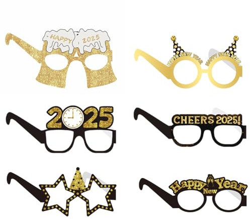 12 Stücke Silvester Deko 2025 Party Brillen Frohes Neues Jahr Brillen,2025 Neujahr Deko Glitzern Schwarz Gold Papier 3D Brille Kindergeburtstag Party Foto Requisiten for Silvester Party Dekoration