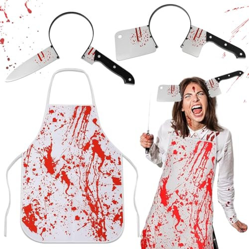 XLZJYIJ Delantal Sangriento con cuchillo, 3 Sangriento Carnicero Halloween Disfraces, Delantal de Terror de Halloween, Delantal De Halloween Sangriento Para Adultos para Fiesta de terror de Halloween