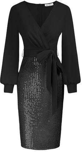GRACE KARIN Women's Long Sleeve Plus Size Bodycon Evening Dresses Belted Cocktail Sequin Dress Black XL