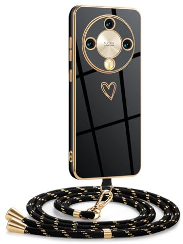 Mkej Coque pour Honor Magic 6 Lite 5G avec Cordon, Coque avec Collier Motif Coeur d'amour Silicone Galvanisé Housse, Réglable Amovible de Cordon Case pour Honor Magic 6 Lite 5G, Or Noir