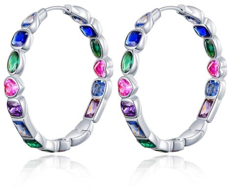 JSGEMSLEE Silber 925 Große Bunte Zirkonia Creolen - Regenbogen Ohrringe Bunt für Damen