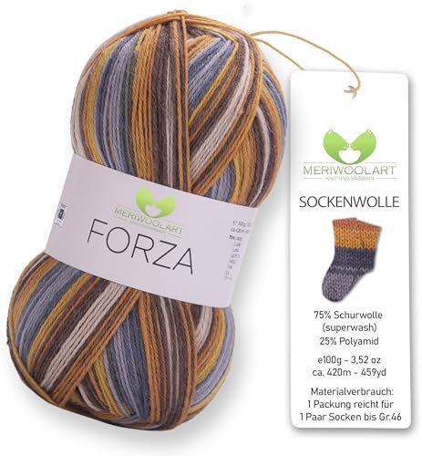 MeriWoolArt® Sockenwolle 4-fädig – 100g Merino Wolle Garn zum Stricken & Häkeln, 75% Schurwolle (superwash), 25% Polyamid, 420m – Ideal für Socken für Herren und Damen, Pullover & Cardigans 2504