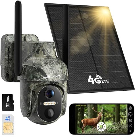 Lemnoi 4G Trail Cameras with Motion Detector, LTE Solar Wildlife Camera with Pre-Installed SIM Card and SD Card, Black IR LED, Color Night Vision, PIR Detection, Waterproof