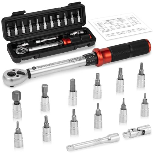 Toolwiz Clé Dynamométrique 1/4, 2-26 Nm pour Vélo, Précision ±3%, 15 Pièces Cle Dynamometrique Kit D'entretien Vélos Route Montagne avec Barre D'extension, Douilles Hex et Star Bit