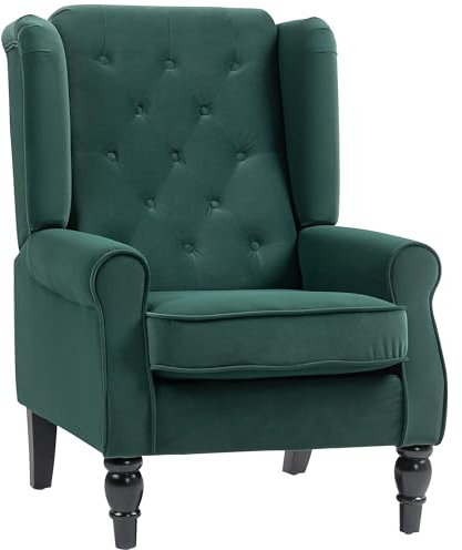 HOMCOM Retro Accent Chair, Velvet Wingback Armchair with Wood Frame Button Tufted Design for Living Room Bedroom, Green